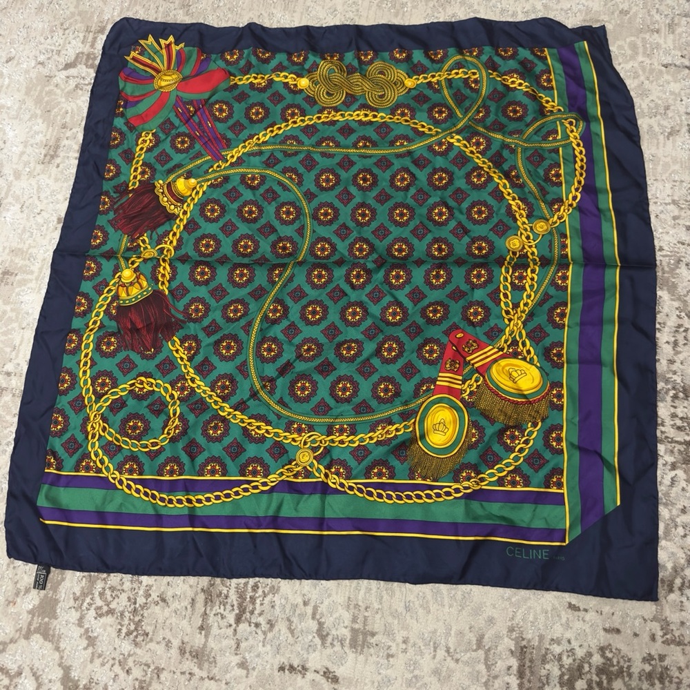Celine Multicolor Silk Scarf with Gold Chain Motif